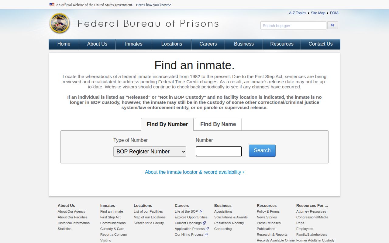 Federal Bureau of Prisons inmate locator release status screen