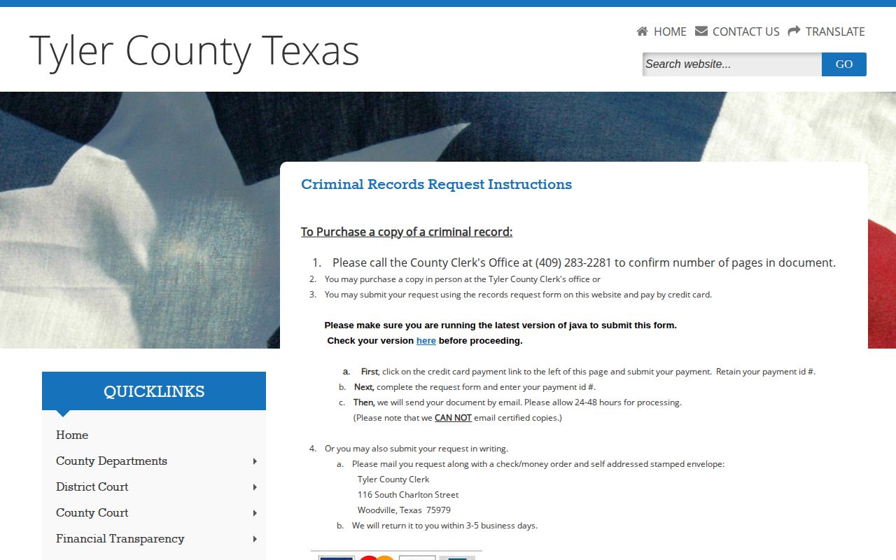 Tyler County misdemeanor criminal record copy instructions