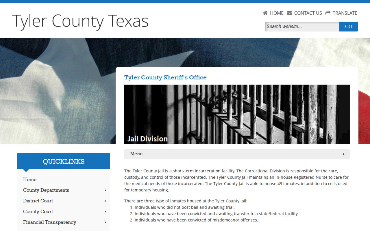 Tyler County Sheriff Jail page with facility and inmate lookup information