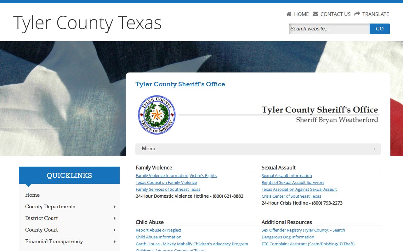Tyler County Sheriff Resources page with public records route