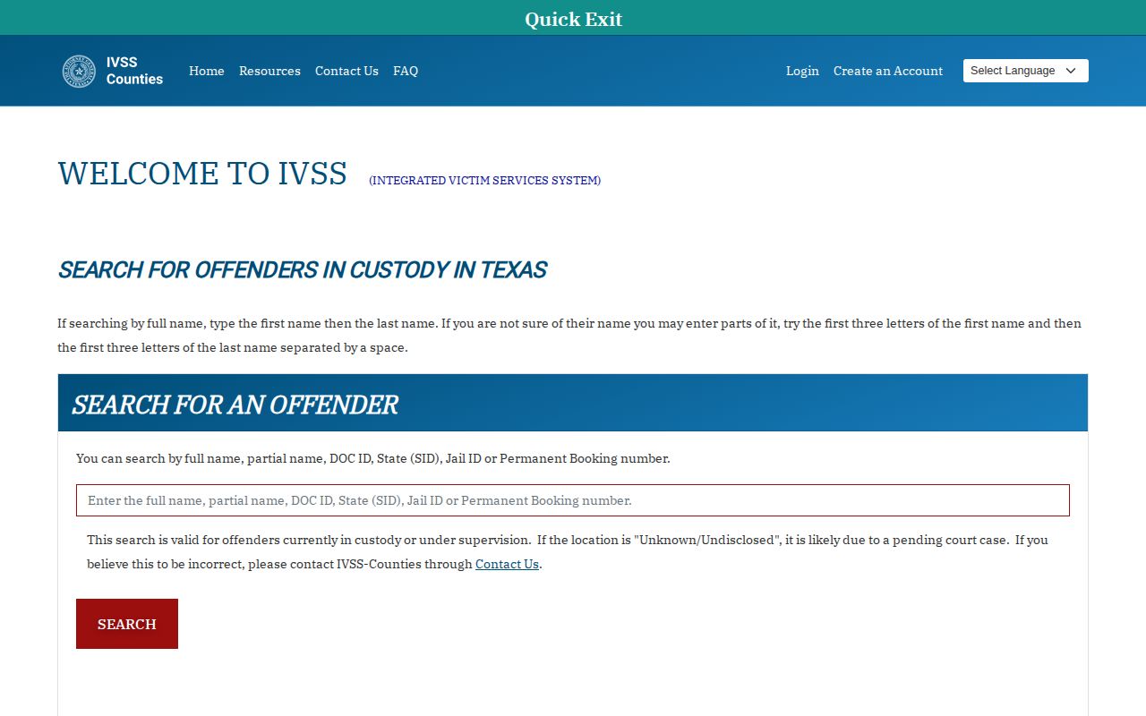 Texas IVSS-Counties person and case search screen