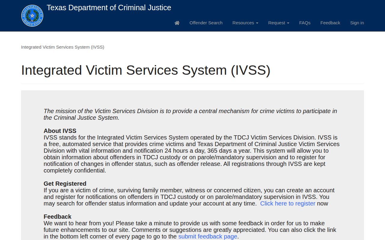 TDCJ IVSS search and registration screen for prison and parole records