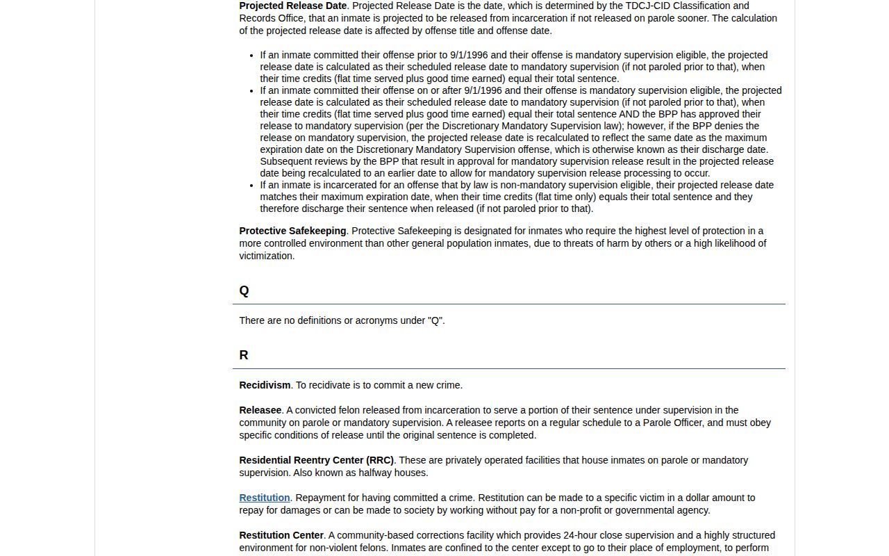 TDCJ definition distinguishing projected release calculations