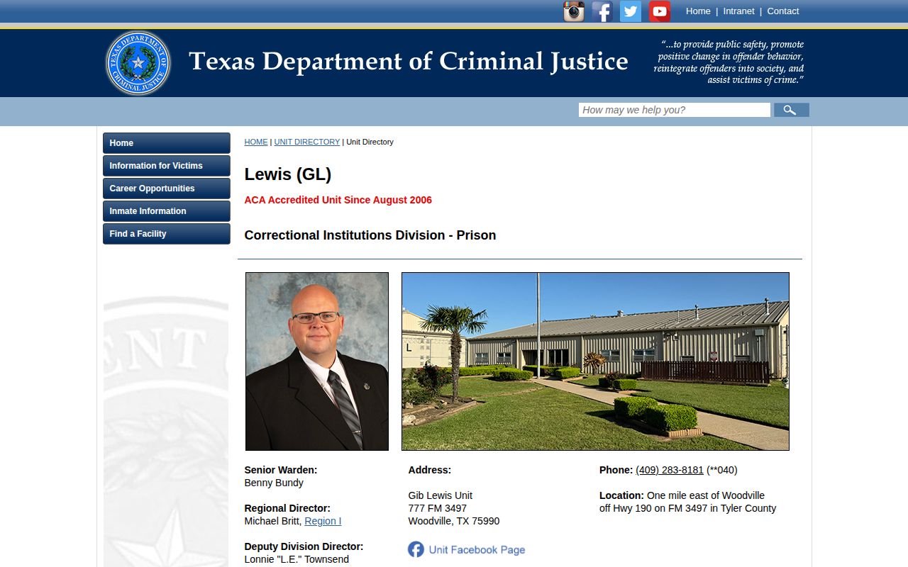 TDCJ Gib Lewis Unit directory with prison details and programs