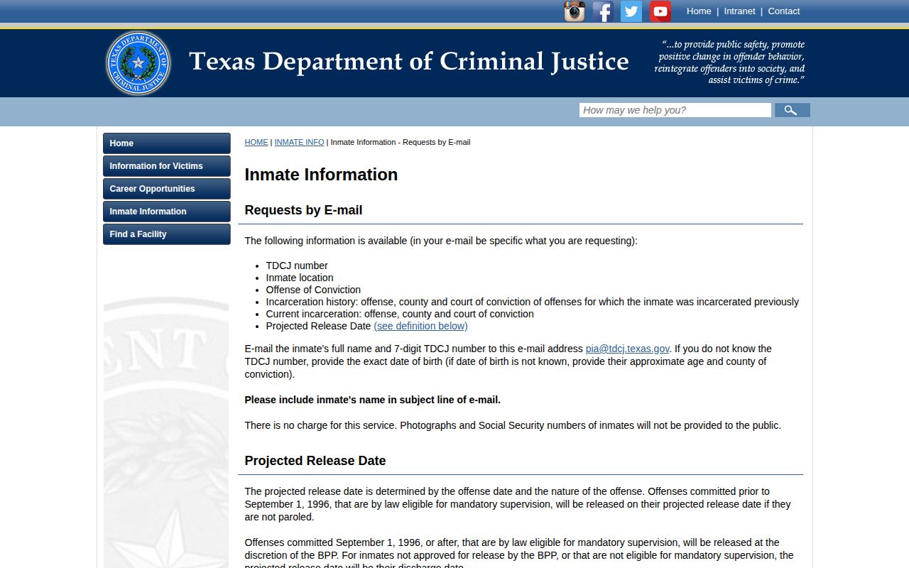 TDCJ inmate information page stating that photographs are not provided through email