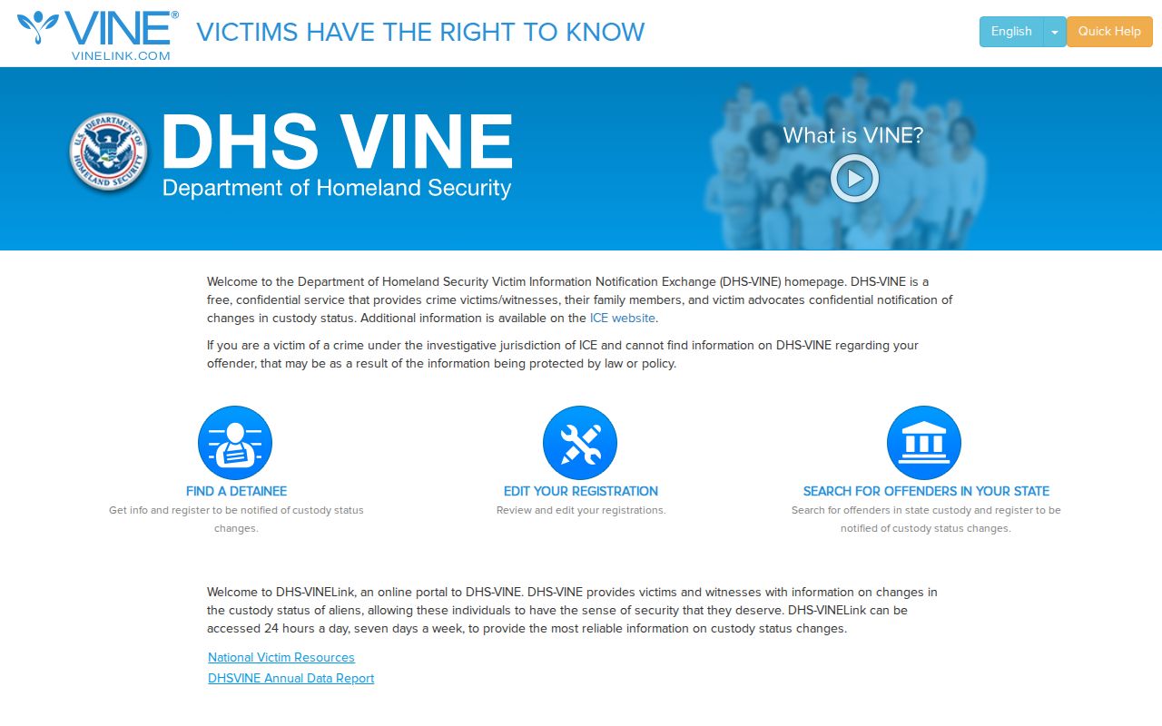 DHS-VINE federal custody notification registration page